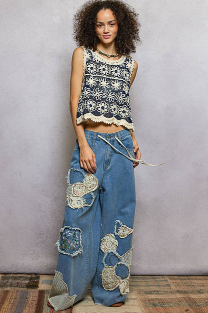 Round Neck Sleeveless Colored Floral Pattern Crochet Top