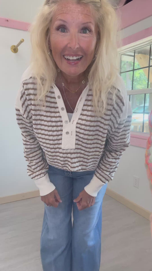 Open Collar with V Neck Stripe Mocha and Ivory Top Peach Love